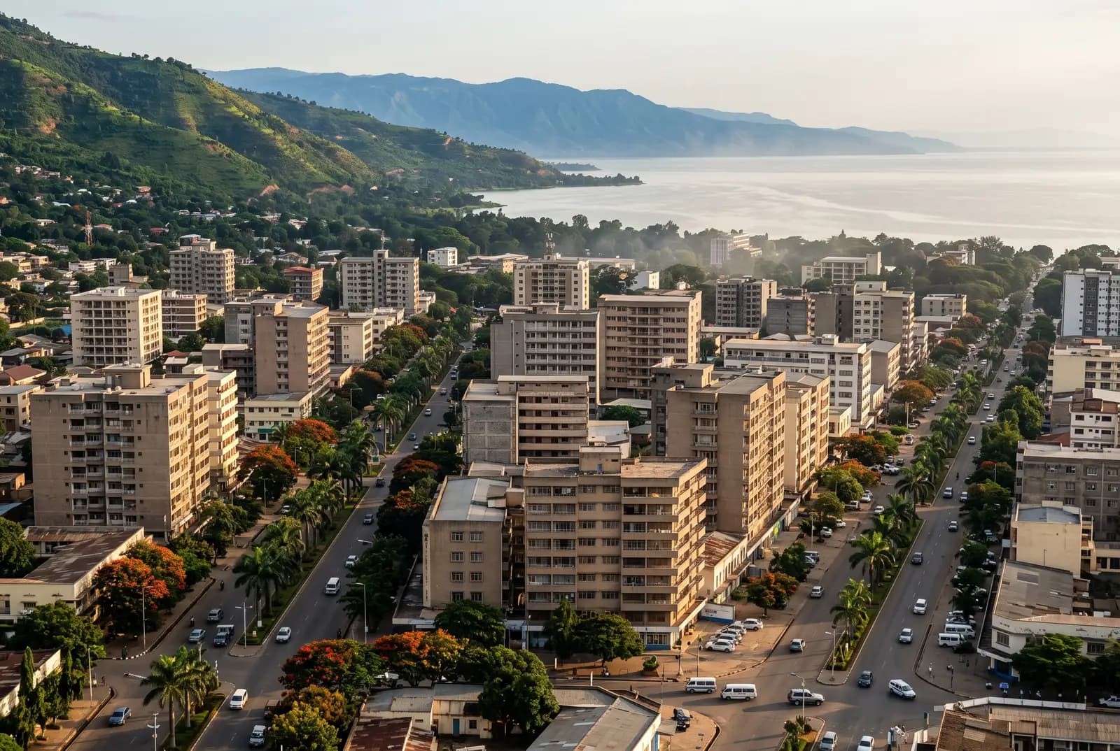 Central Bujumbura in the late afternoon: mid-rise blocks, avenues lined with palms and flame trees, Lake Tanganyika and the Congolese mountains beyond.