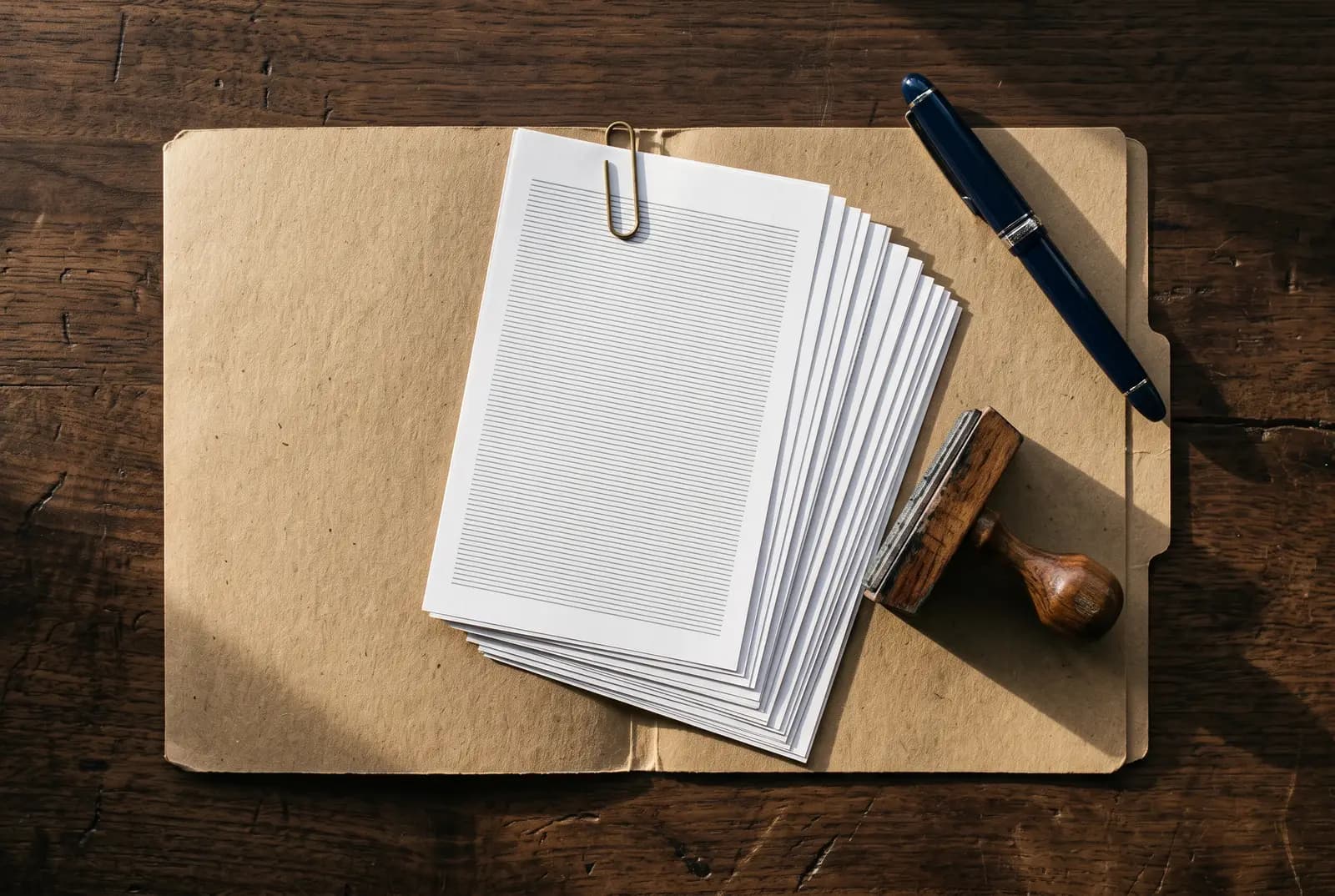 Overhead view of an open card folder: printed documents fanned out, a wooden-handled stamp, a navy fountain pen and a paperclip, on a wooden desk in raking light.