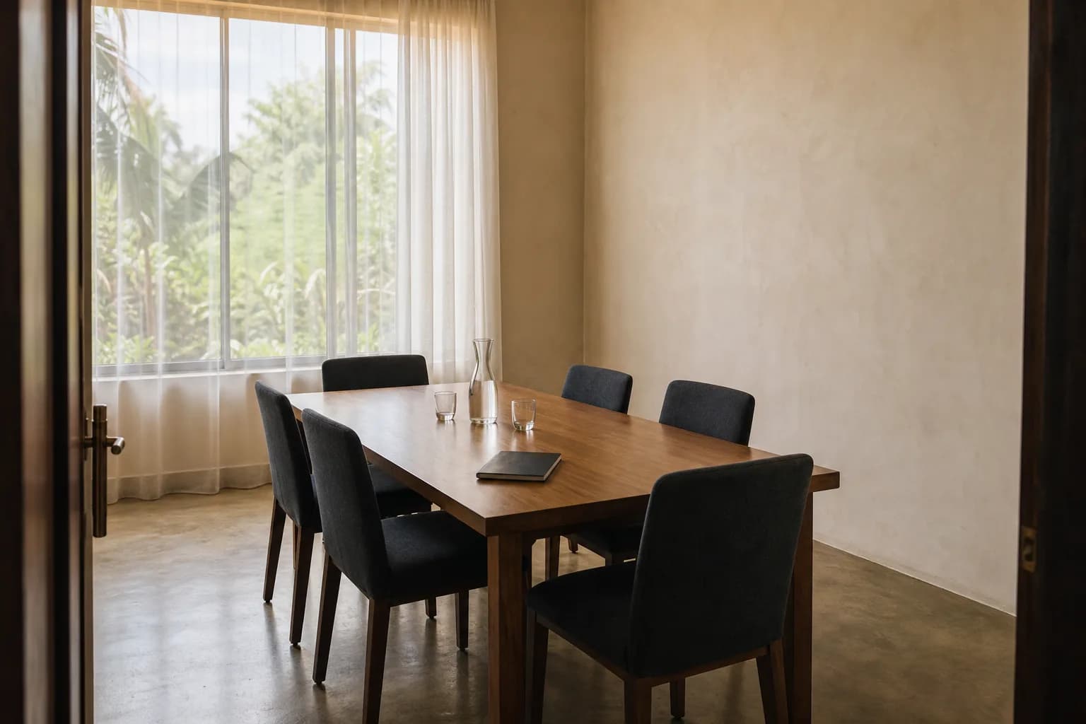 MABEVO’s meeting room in Bujumbura: wooden table, six chairs, daylight through a tall window.