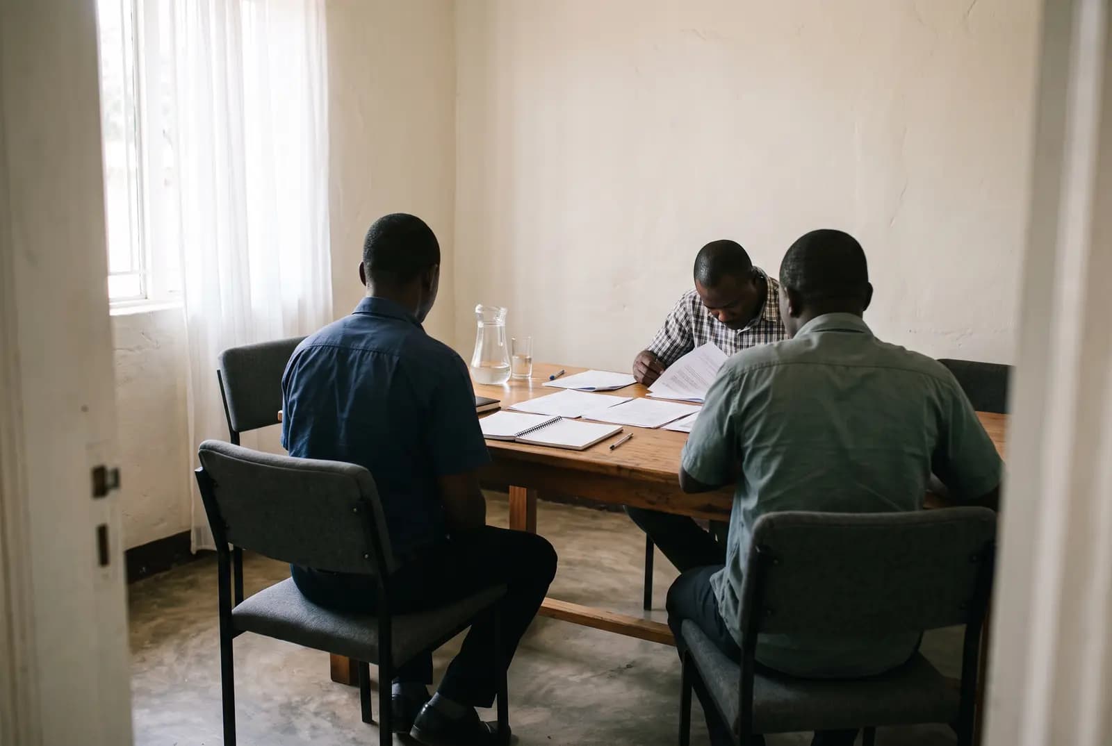 Trois personnes autour d’une table de réunion, vues de dos depuis la porte, penchées sur des documents étalés ; lumière naturelle d’une fenêtre voilée.